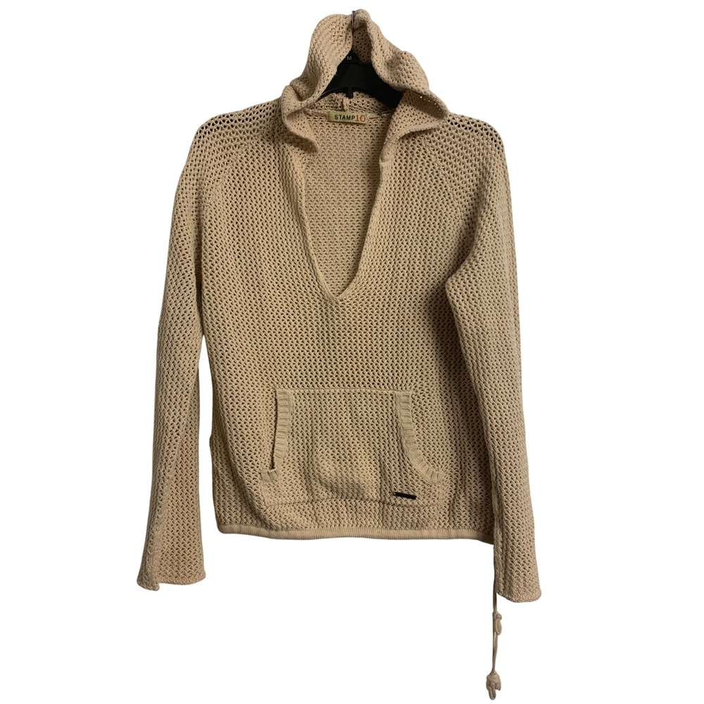 Stamp 10 Open‎ Knit Boho Cropped Beach Hoodie Sweater Beige Cinch Waist Medium